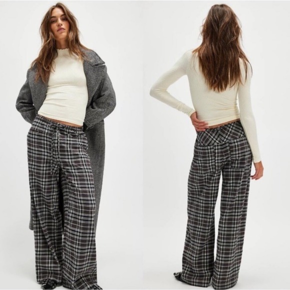 NWT - FREE PEOPLE - Hudson Canyon - Plaid Wide‎ Leg High Waisted Pants